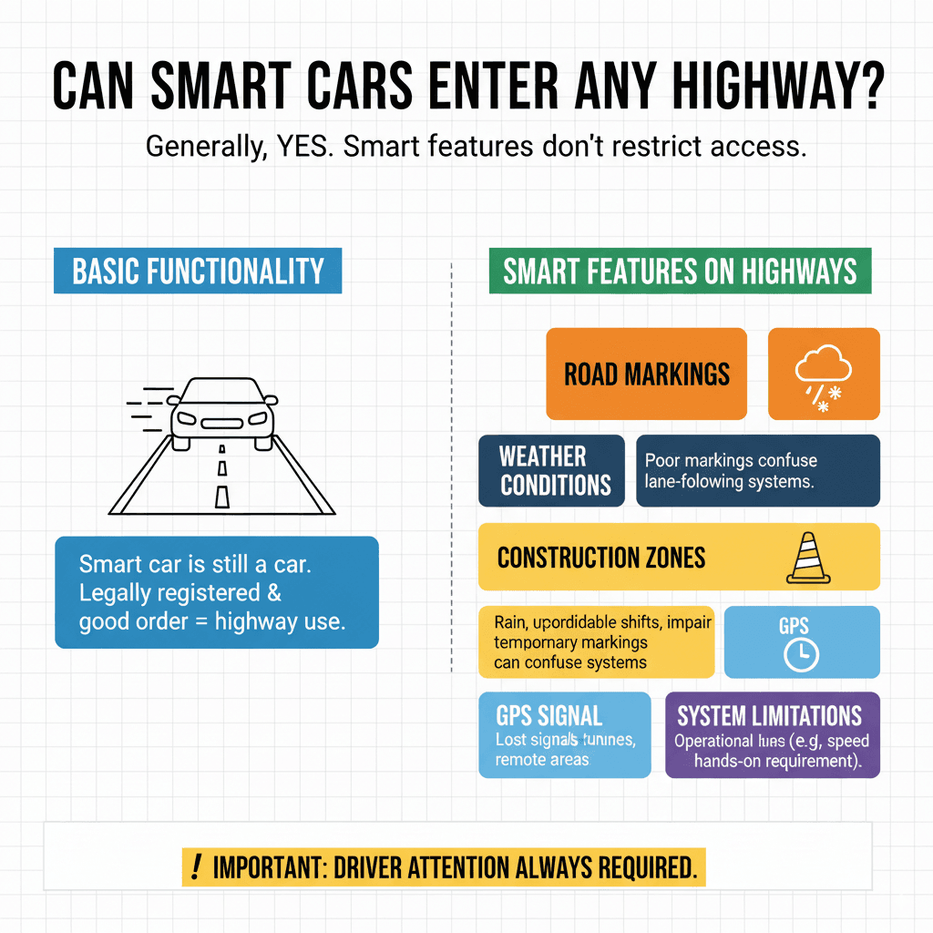 Essential Checks Before Your Smart Car Hits the Highway Before you embark on a highway journey, especially if your car has advanced smart features, a quick check can ensure everything is working as it should, keeping you safe and maximizing the benefits of your technology. 1. Understand Your Car's Systems Don't just assume the features work. Read your car's owner's manual! It's the definitive guide for your specific vehicle. Pay close attention to the sections on ADAS and automated driving systems. Learn: What each feature is called by your manufacturer. How to activate and deactivate them. What alerts or warnings they use. Under what conditions they might not work (e.g., poor weather, bad lane markings). 2. Visual Inspection of Sensors Many smart car features rely on external sensors: Cameras: Often located near the rearview mirror or behind the windshield. Ensure they are not obstructed by dirt, debris, or stickers. Radar: Usually behind the front bumper or grille. Check for any damage or blockages. Lidar: Less common in standard cars but might be integrated into the grille or bumper. A quick wipe with a soft cloth can often clear minor obstructions. 3. Tyre Pressure and Condition This is crucial for any vehicle on the highway, but especially important for smart systems. Incorrect tyre pressure can affect how your car handles, how sensors perceive motion, and the performance of systems like ACC and LKA. Check your tyre pressure when the tyres are cold, using a reliable tyre pressure gauge. The correct psi is usually found on a sticker inside the driver's side door jamb or in your owner's manual. Visit FuelEconomy.gov for tips on maintaining your vehicle for optimal performance and efficiency, which includes tire maintenance. 4. Fluid Levels Ensure essential fluids are at the proper levels, including: Brake fluid Coolant Windshield washer fluid (essential for keeping cameras and sensors clear!) Low fluid levels can impact safety systems and overall vehicle performance. 5. Lights and Signals All lights (headlights, taillights, brake lights, turn signals) must be functioning correctly. These are critical for visibility and communication on the highway, and some ADAS features rely on them. 6. Test Features in a Safe Environment Before you merge onto a busy highway, it's a good idea to test your smart features in a less demanding environment. On a clear, empty stretch of road or a large, low-traffic parking lot, try activating your ACC or LKA to ensure they respond as expected. This builds confidence and allows you to get a feel for their operation.