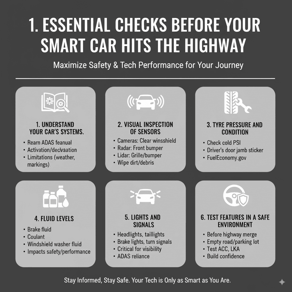 Essential Checks Before Your Smart Car Hits the Highway Before you embark on a highway journey, especially if your car has advanced smart features, a quick check can ensure everything is working as it should, keeping you safe and maximizing the benefits of your technology. 1. Understand Your Car's Systems Don't just assume the features work. Read your car's owner's manual! It's the definitive guide for your specific vehicle. Pay close attention to the sections on ADAS and automated driving systems. Learn: What each feature is called by your manufacturer. How to activate and deactivate them. What alerts or warnings they use. Under what conditions they might not work (e.g., poor weather, bad lane markings). 2. Visual Inspection of Sensors Many smart car features rely on external sensors: Cameras: Often located near the rearview mirror or behind the windshield. Ensure they are not obstructed by dirt, debris, or stickers. Radar: Usually behind the front bumper or grille. Check for any damage or blockages. Lidar: Less common in standard cars but might be integrated into the grille or bumper. A quick wipe with a soft cloth can often clear minor obstructions. 3. Tyre Pressure and Condition This is crucial for any vehicle on the highway, but especially important for smart systems. Incorrect tyre pressure can affect how your car handles, how sensors perceive motion, and the performance of systems like ACC and LKA. Check your tyre pressure when the tyres are cold, using a reliable tyre pressure gauge. The correct psi is usually found on a sticker inside the driver's side door jamb or in your owner's manual. Visit FuelEconomy.gov for tips on maintaining your vehicle for optimal performance and efficiency, which includes tire maintenance. 4. Fluid Levels Ensure essential fluids are at the proper levels, including: Brake fluid Coolant Windshield washer fluid (essential for keeping cameras and sensors clear!) Low fluid levels can impact safety systems and overall vehicle performance. 5. Lights and Signals All lights (headlights, taillights, brake lights, turn signals) must be functioning correctly. These are critical for visibility and communication on the highway, and some ADAS features rely on them. 6. Test Features in a Safe Environment Before you merge onto a busy highway, it's a good idea to test your smart features in a less demanding environment. On a clear, empty stretch of road or a large, low-traffic parking lot, try activating your ACC or LKA to ensure they respond as expected. This builds confidence and allows you to get a feel for their operation.