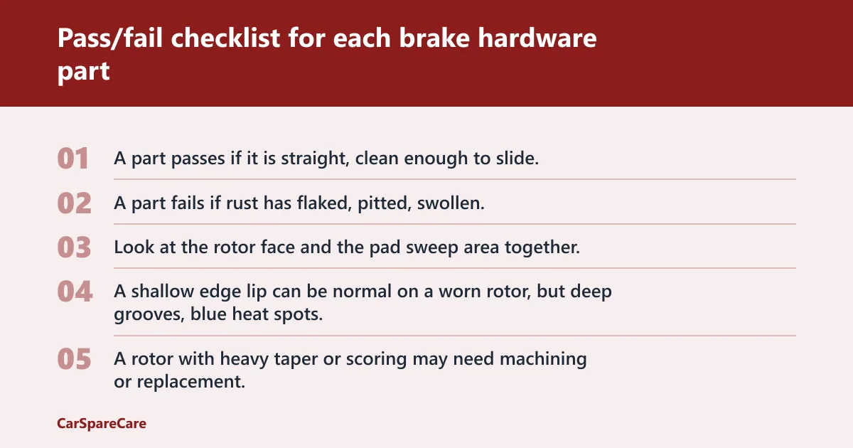 Steps: Pass/fail checklist for each brake hardware part