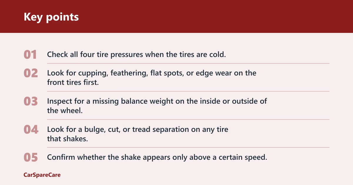 Key points: Tire wear and pressure checks